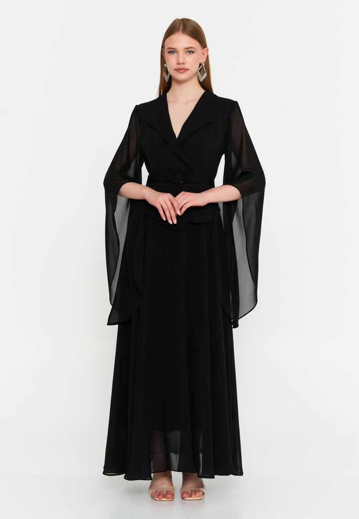 Elegant Blazer-Collar Maxi Dress with Waist-Cinching Design and Flowing Skirt