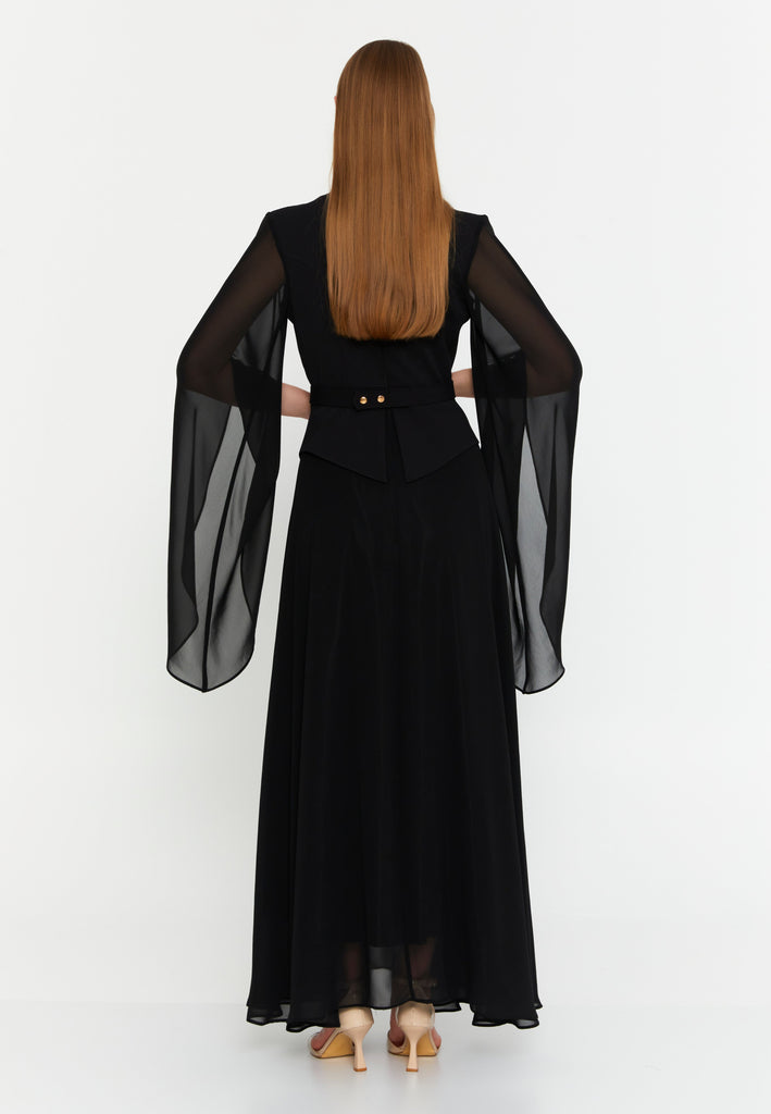 Elegant Blazer-Collar Maxi Dress with Waist-Cinching Design and Flowing Skirt