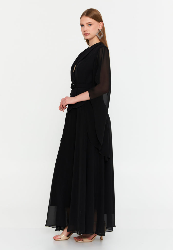 Elegant Blazer-Collar Maxi Dress with Waist-Cinching Design and Flowing Skirt