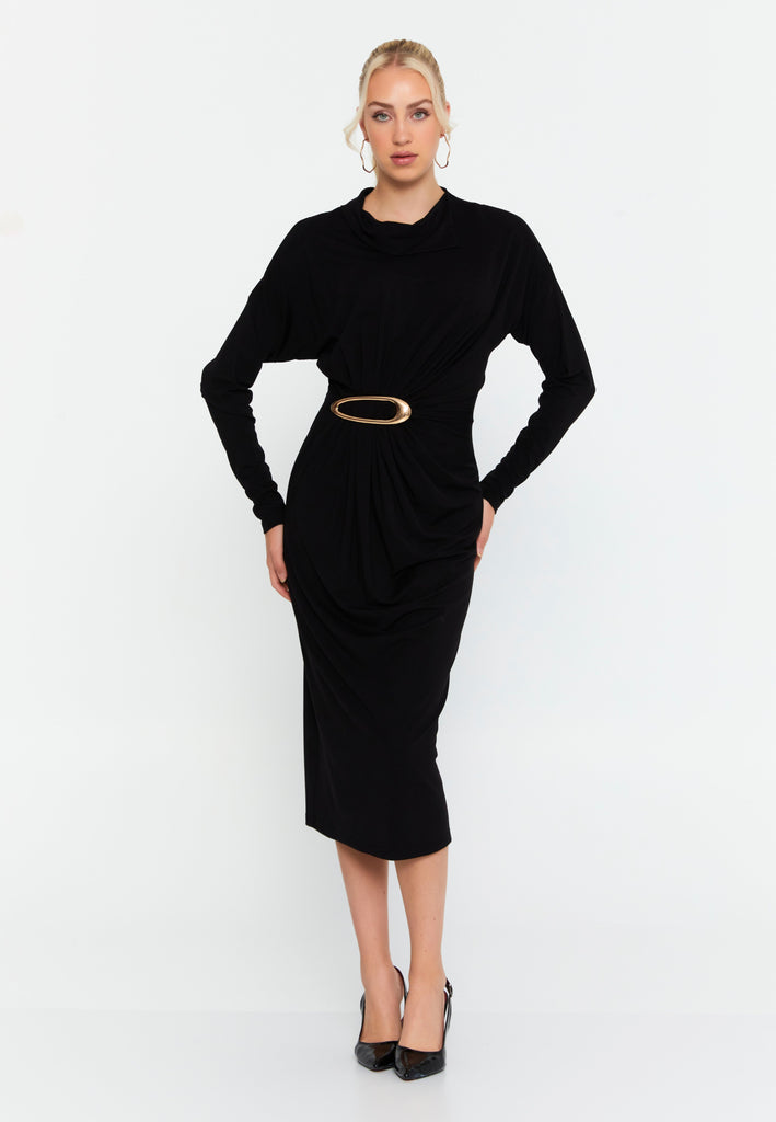 Elegant Long-Sleeve Midi Dress with Slim Fit, Waist Pleats, and Metallic Ring Detail
