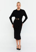 Load image into Gallery viewer, Elegant Long-Sleeve Midi Dress with Slim Fit, Waist Pleats, and Metallic Ring Detail