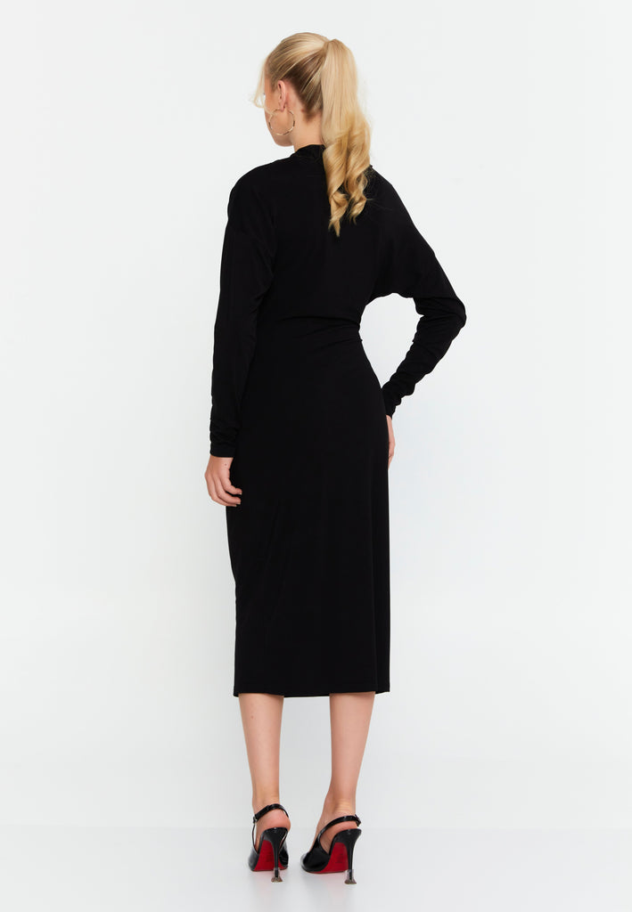 Elegant Long-Sleeve Midi Dress with Slim Fit, Waist Pleats, and Metallic Ring Detail