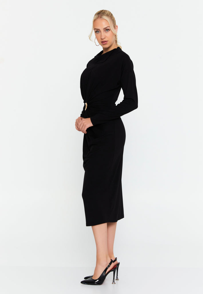 Elegant Long-Sleeve Midi Dress with Slim Fit, Waist Pleats, and Metallic Ring Detail