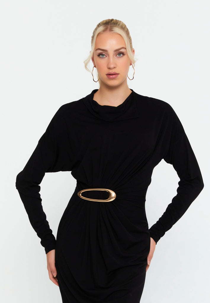 Elegant Long-Sleeve Midi Dress with Slim Fit, Waist Pleats, and Metallic Ring Detail
