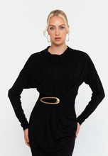 Load image into Gallery viewer, Elegant Long-Sleeve Midi Dress with Slim Fit, Waist Pleats, and Metallic Ring Detail