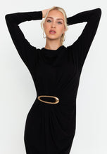 Load image into Gallery viewer, Elegant Long-Sleeve Midi Dress with Slim Fit, Waist Pleats, and Metallic Ring Detail
