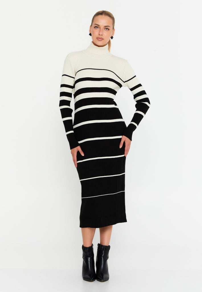 High-Neck Long-Sleeve Striped Knitted Midi Dress