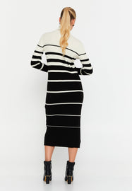 High-Neck Long-Sleeve Striped Knitted Midi Dress