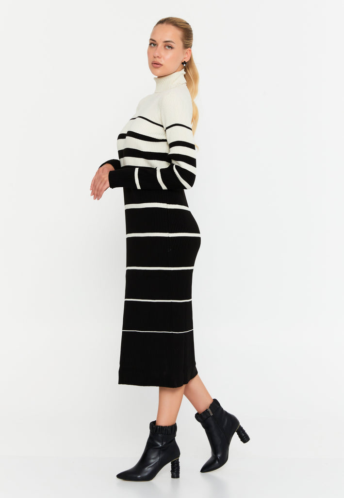 High-Neck Long-Sleeve Striped Knitted Midi Dress