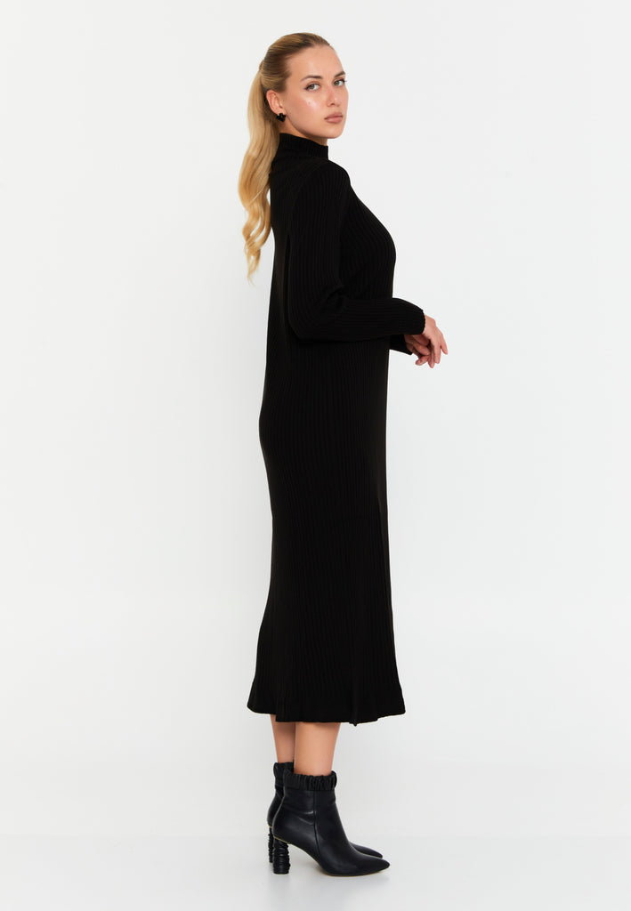 High-Neck Long-Sleeve Knitted Midi Dress with Slim Fit