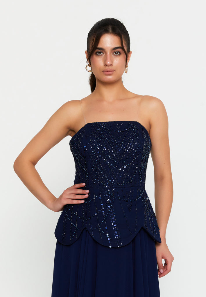 Strapless Sequin-Embellished Slim-Fit Gown with Floor-Length Hem