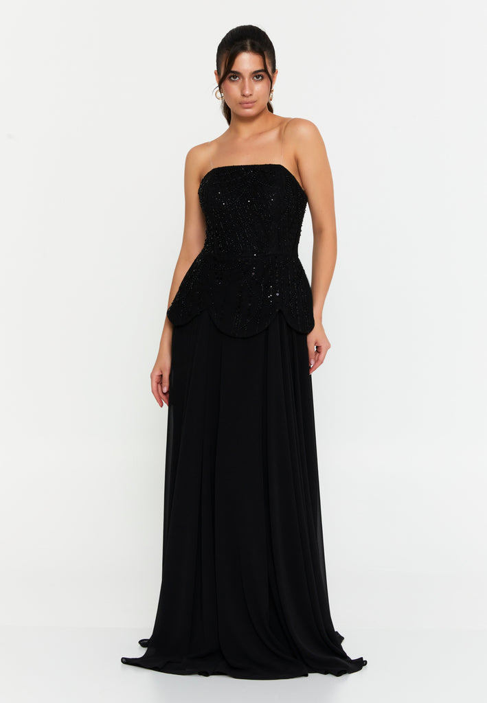 Strapless Sequin-Embellished Slim-Fit Gown with Floor-Length Hem
