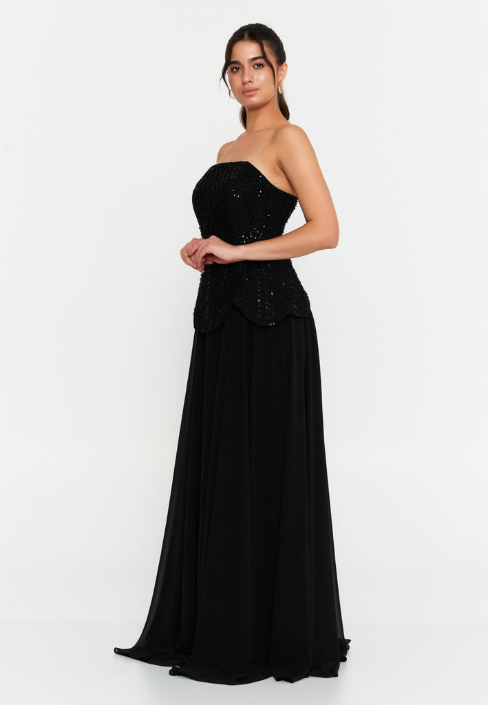 Strapless Sequin-Embellished Slim-Fit Gown with Floor-Length Hem
