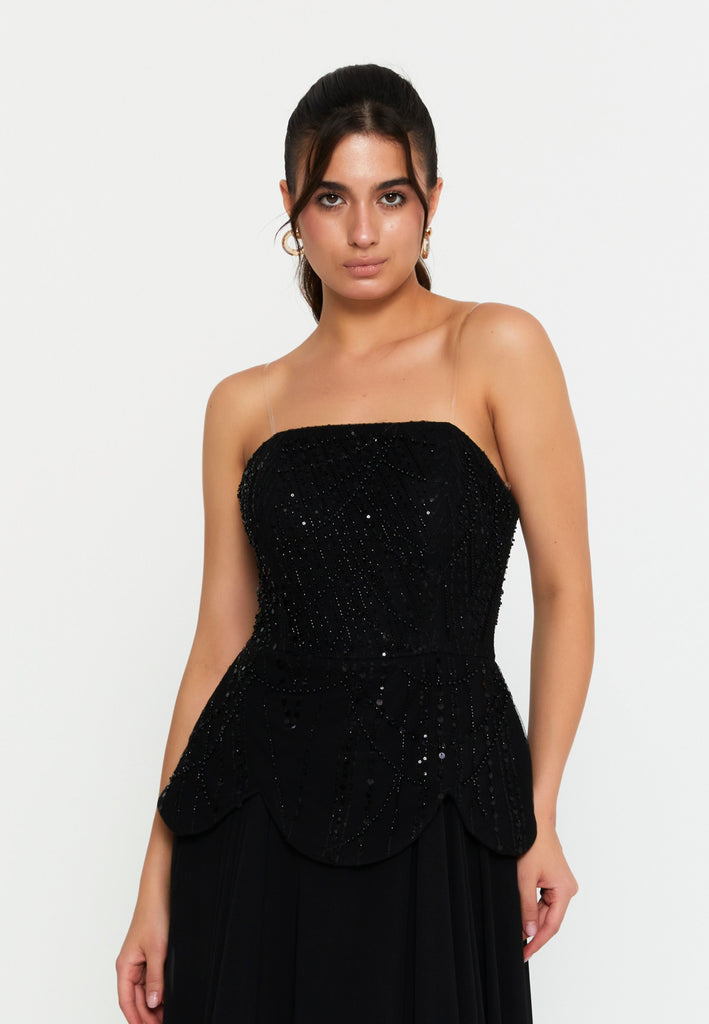 Strapless Sequin-Embellished Slim-Fit Gown with Floor-Length Hem