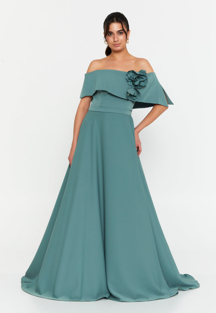 Off-Shoulder Maxi Gown with Floral Accent and Floor-Length Flared Hem