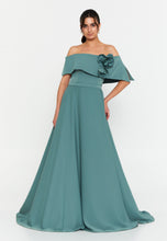 Load image into Gallery viewer, Off-Shoulder Maxi Gown with Floral Accent and Floor-Length Flared Hem