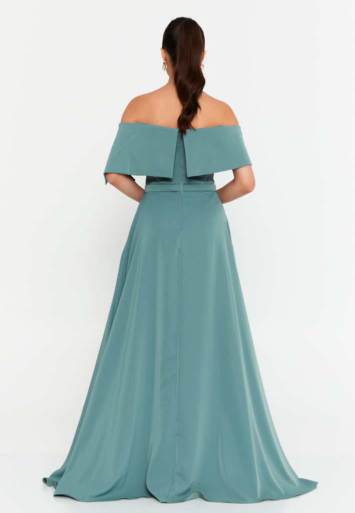Off-Shoulder Maxi Gown with Floral Accent and Floor-Length Flared Hem