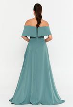Load image into Gallery viewer, Off-Shoulder Maxi Gown with Floral Accent and Floor-Length Flared Hem