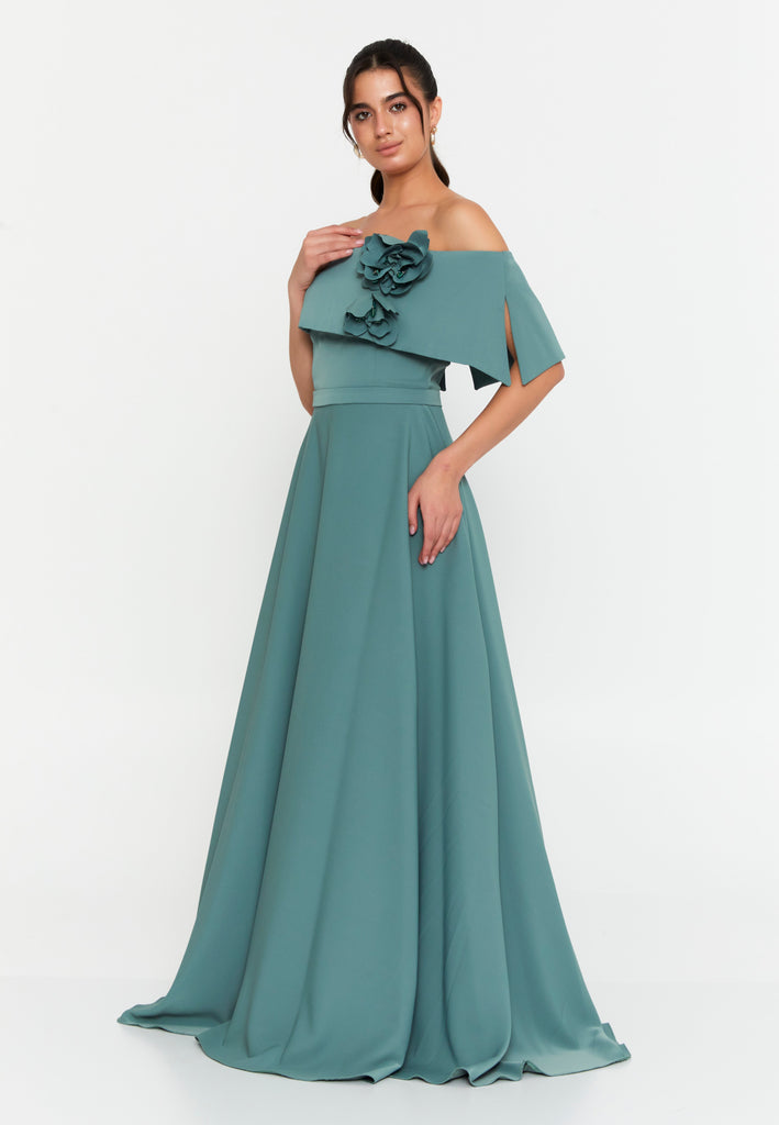 Off-Shoulder Maxi Gown with Floral Accent and Floor-Length Flared Hem