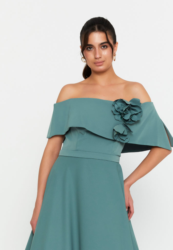 Off-Shoulder Maxi Gown with Floral Accent and Floor-Length Flared Hem