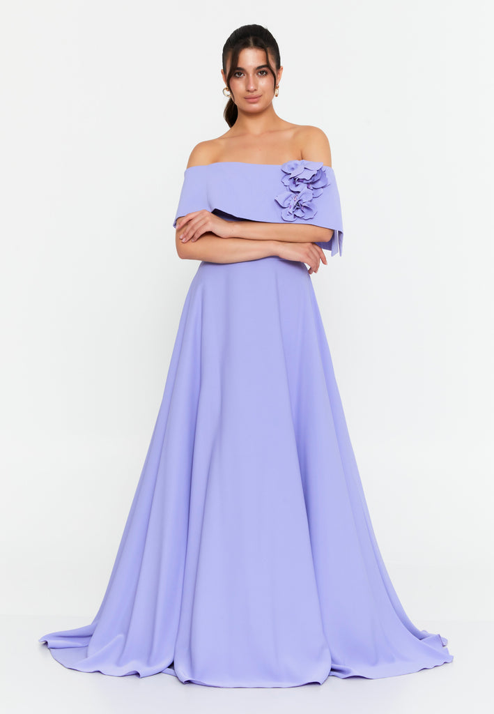 Off-Shoulder Maxi Gown with Floral Accent and Floor-Length Flared Hem