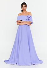Load image into Gallery viewer, Off-Shoulder Maxi Gown with Floral Accent and Floor-Length Flared Hem