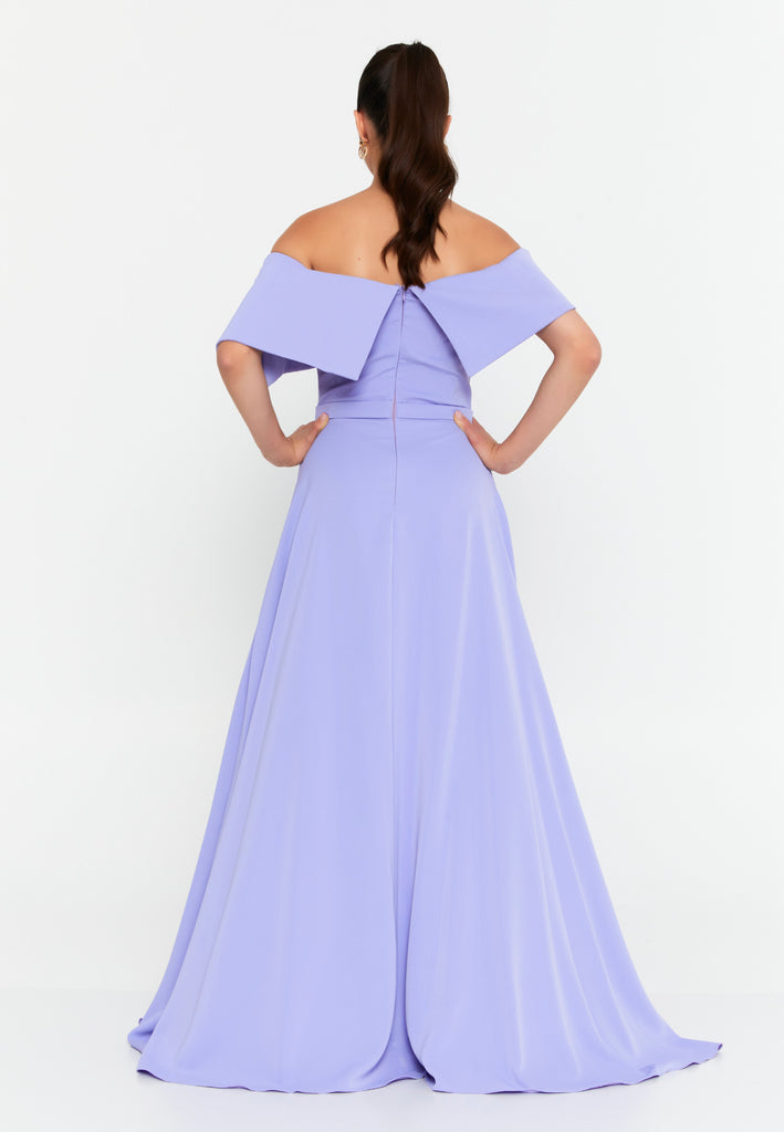 Off-Shoulder Maxi Gown with Floral Accent and Floor-Length Flared Hem