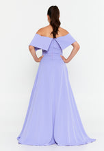 Load image into Gallery viewer, Off-Shoulder Maxi Gown with Floral Accent and Floor-Length Flared Hem