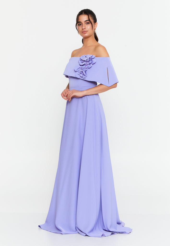 Off-Shoulder Maxi Gown with Floral Accent and Floor-Length Flared Hem