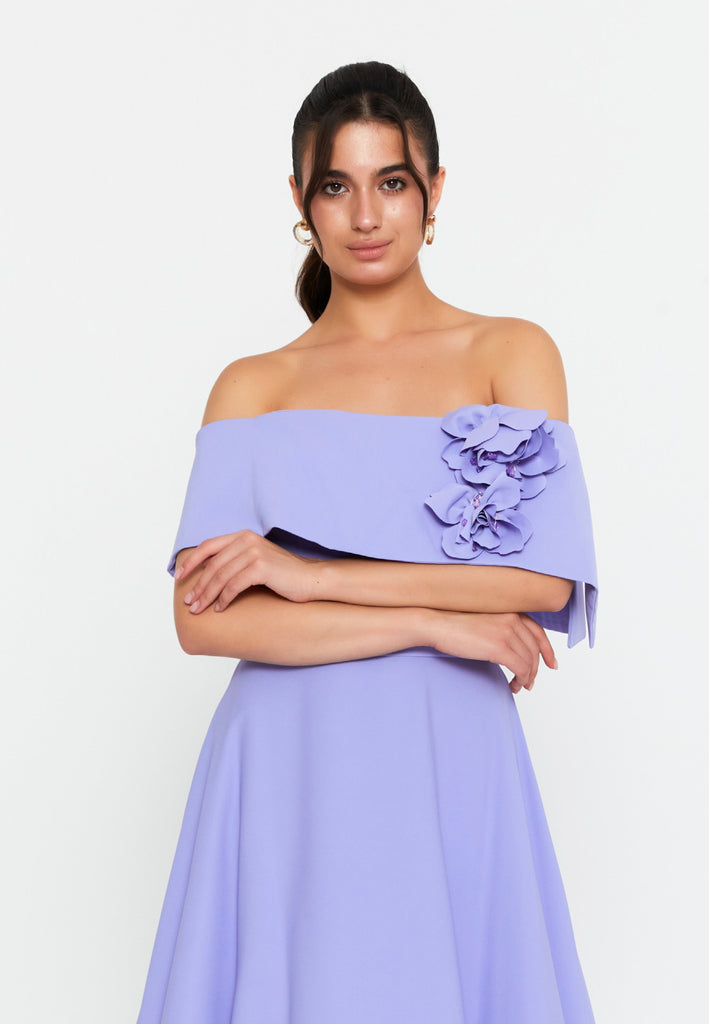 Off-Shoulder Maxi Gown with Floral Accent and Floor-Length Flared Hem