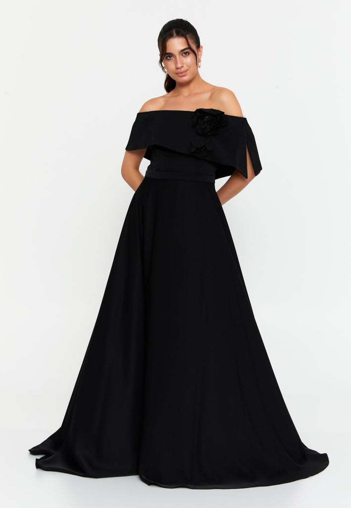 Off-Shoulder Maxi Gown with Floral Accent and Floor-Length Flared Hem
