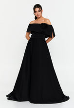 Load image into Gallery viewer, Off-Shoulder Maxi Gown with Floral Accent and Floor-Length Flared Hem
