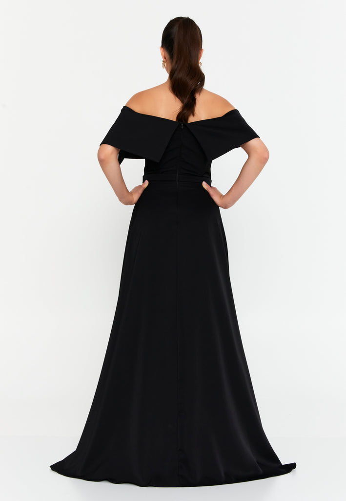 Off-Shoulder Maxi Gown with Floral Accent and Floor-Length Flared Hem
