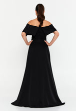 Load image into Gallery viewer, Off-Shoulder Maxi Gown with Floral Accent and Floor-Length Flared Hem