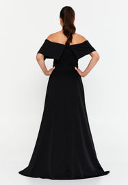 Off-Shoulder Maxi Gown with Floral Accent and Floor-Length Flared Hem