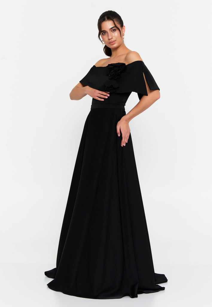 Off-Shoulder Maxi Gown with Floral Accent and Floor-Length Flared Hem