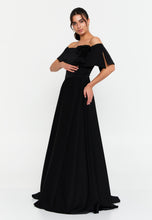 Load image into Gallery viewer, Off-Shoulder Maxi Gown with Floral Accent and Floor-Length Flared Hem