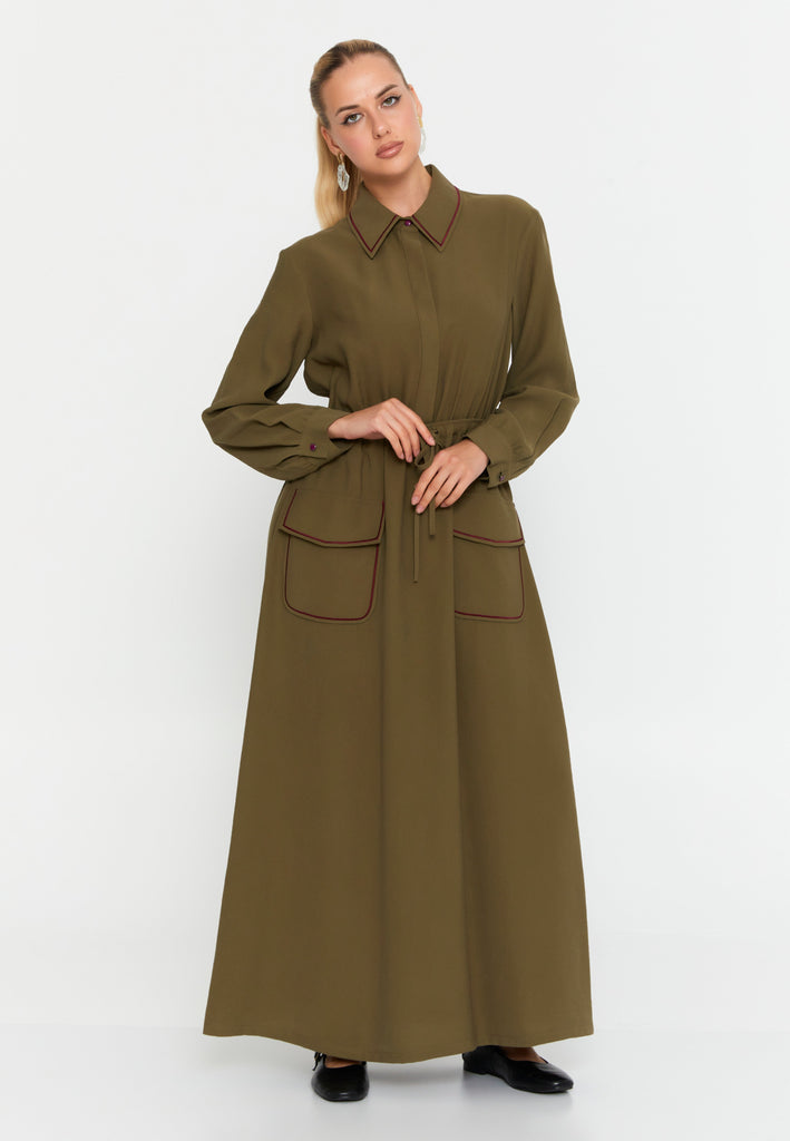 Collared Shirt-Style Maxi Dress with Belted Waist and Full Button-Down Design