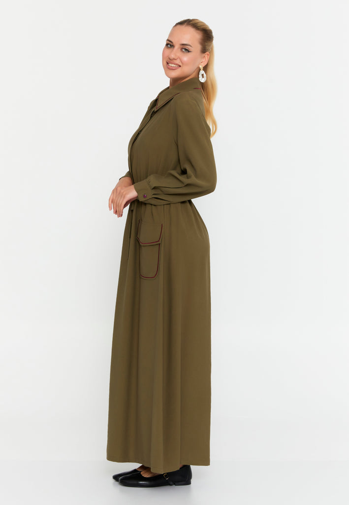 Collared Shirt-Style Maxi Dress with Belted Waist and Full Button-Down Design