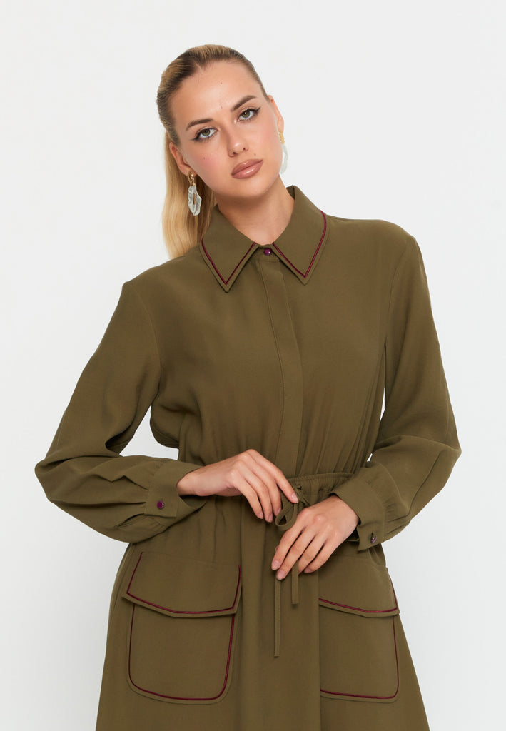 Collared Shirt-Style Maxi Dress with Belted Waist and Full Button-Down Design