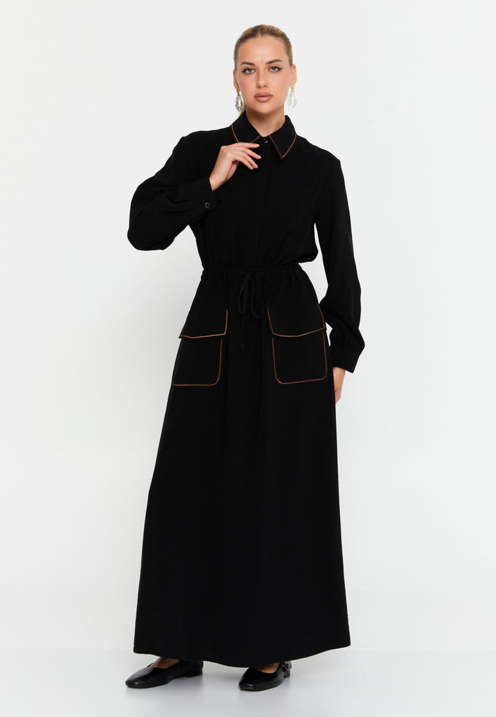 Collared Shirt-Style Maxi Dress with Belted Waist and Full Button-Down Design