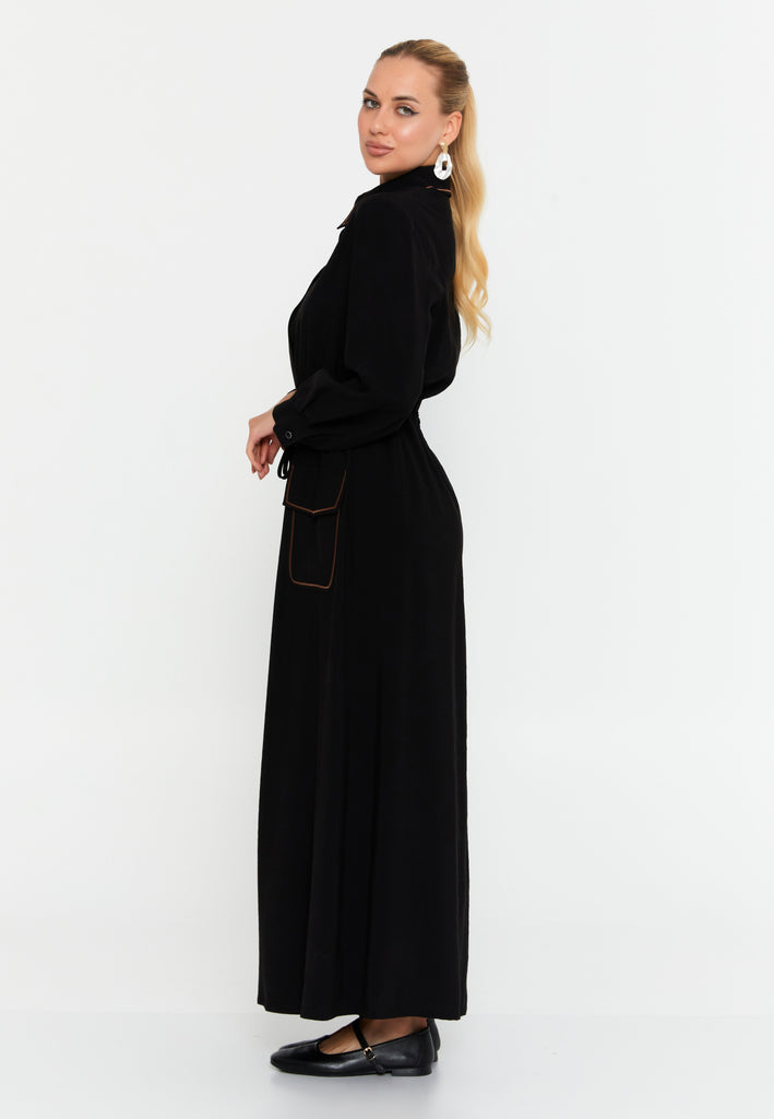Collared Shirt-Style Maxi Dress with Belted Waist and Full Button-Down Design