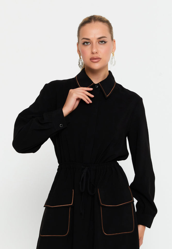 Collared Shirt-Style Maxi Dress with Belted Waist and Full Button-Down Design