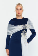 Load image into Gallery viewer, Long-Sleeve Slim-Fit Evening Gown with Draped Shoulder Detail and Floor-Length Hem