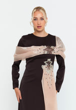 Load image into Gallery viewer, Long-Sleeve Slim-Fit Evening Gown with Draped Shoulder Detail and Floor-Length Hem