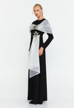 Load image into Gallery viewer, Long-Sleeve Slim-Fit Evening Gown with Draped Shoulder Detail and Floor-Length Hem