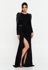 Elegant Long-Sleeve Evening Gown with Slim Fit and High Slit Design