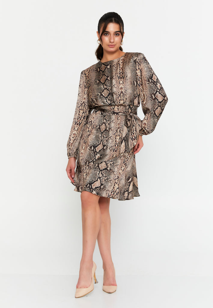 Long-Sleeve Printed Mini Dress with Waist-Cinching Design and A-Line Hem