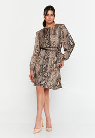 Long-Sleeve Printed Mini Dress with Waist-Cinching Design and A-Line Hem