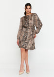 Long-Sleeve Printed Mini Dress with Waist-Cinching Design and A-Line Hem
